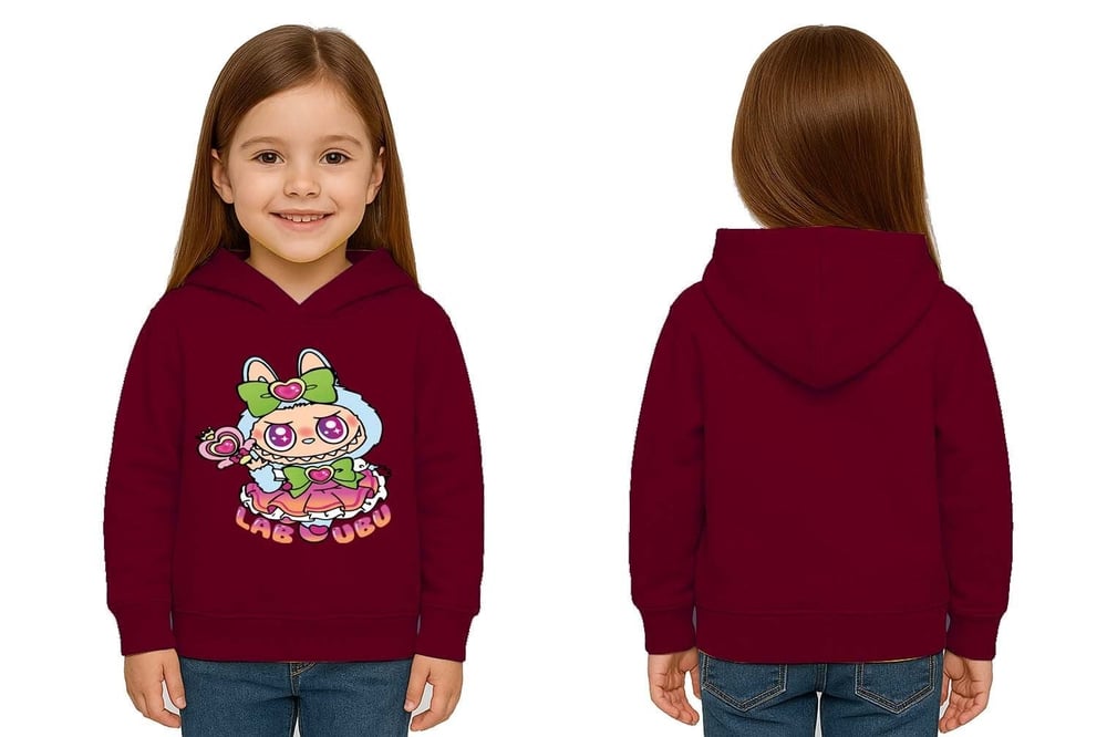Unisex Baskılı Çocuk Swaetshirt Labubu Baskılı Kapüşonlu 3 İplik Şardonlu