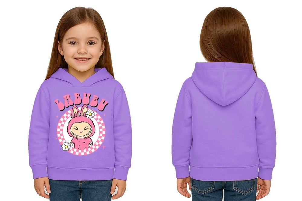 Unisex Baskılı Çocuk Swaetshirt Labubu Baskılı Kapüşonlu 3 İplik Şardonlu