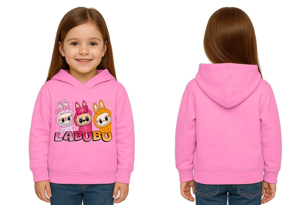 Unisex Baskılı Çocuk Swaetshirt Labubu Baskılı Kapüşonlu 3 İplik Şardonlu