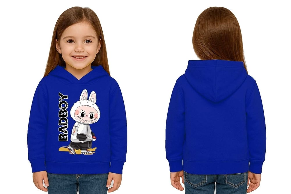 Unisex Baskılı Çocuk Swaetshirt Labubu Baskılı Kapüşonlu 3 İplik Şardonlu