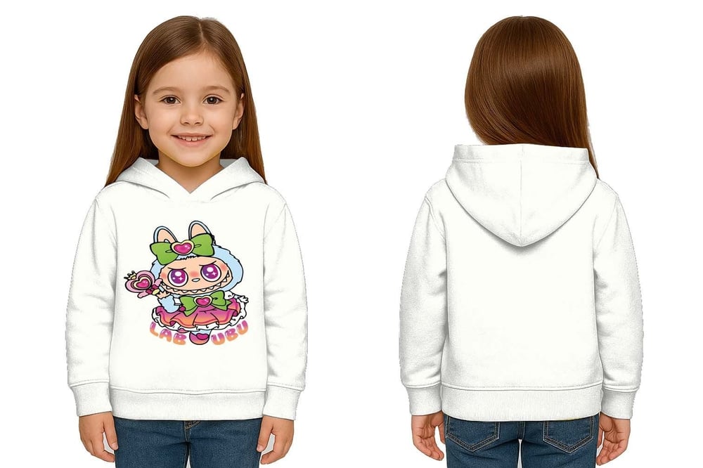 Unisex Baskılı Çocuk Swaetshirt Labubu Baskılı Kapüşonlu 3 İplik Şardonlu