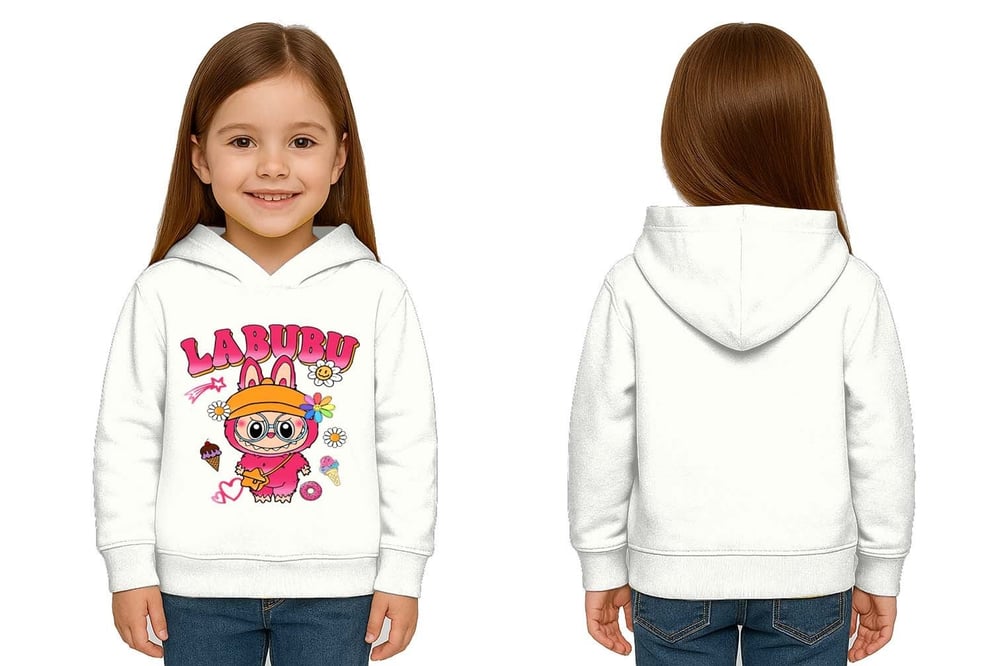 Unisex Baskılı Çocuk Swaetshirt Labubu Baskılı Kapüşonlu 3 İplik Şardonlu