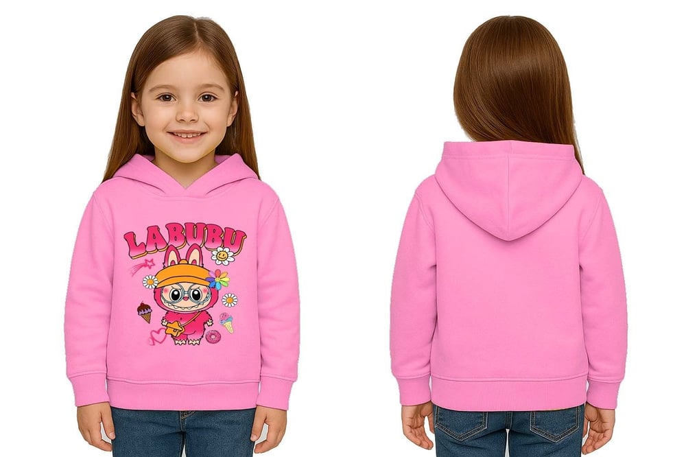 Unisex Baskılı Çocuk Swaetshirt Labubu Baskılı Kapüşonlu 3 İplik Şardonlu