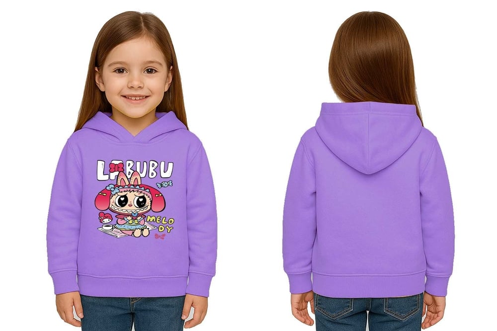Unisex Baskılı Çocuk Swaetshirt Labubu Baskılı Kapüşonlu 3 İplik Şardonlu