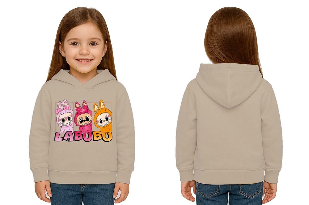 Unisex Baskılı Çocuk Swaetshirt Labubu Baskılı Kapüşonlu 3 İplik Şardonlu