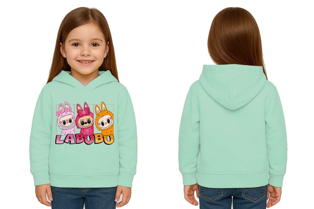 Unisex Baskılı Çocuk Swaetshirt Labubu Baskılı Kapüşonlu 3 İplik Şardonlu