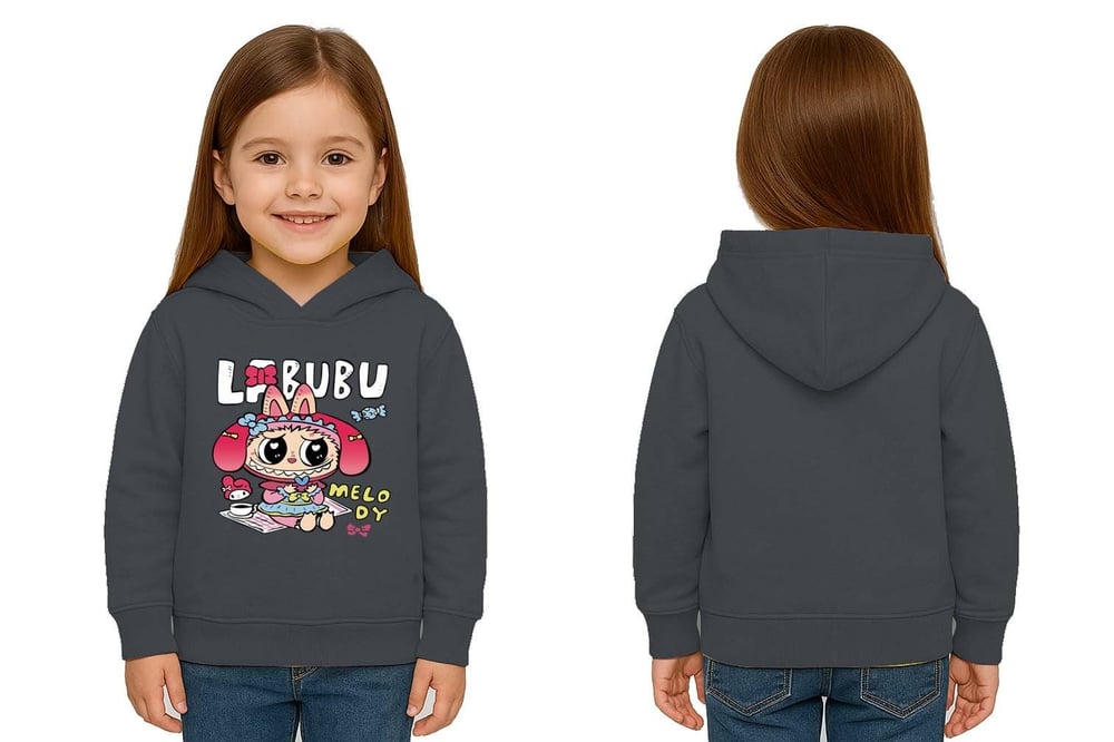 Unisex Baskılı Çocuk Swaetshirt Labubu Baskılı Kapüşonlu 3 İplik Şardonlu