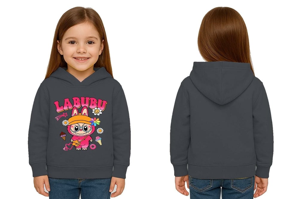 Unisex Baskılı Çocuk Swaetshirt Labubu Baskılı Kapüşonlu 3 İplik Şardonlu