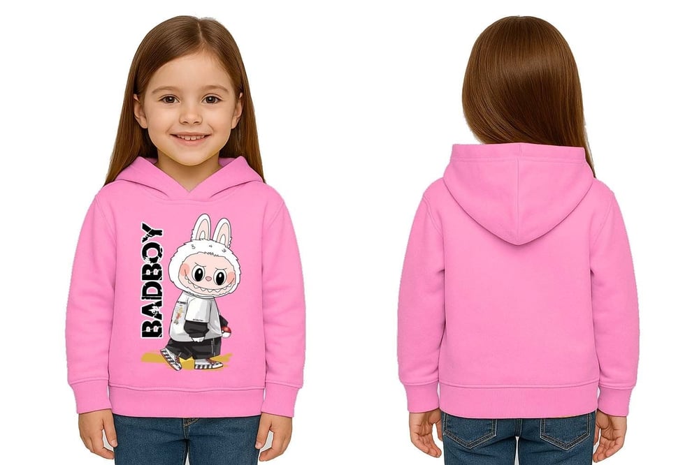 Unisex Baskılı Çocuk Swaetshirt Labubu Baskılı Kapüşonlu 3 İplik Şardonlu