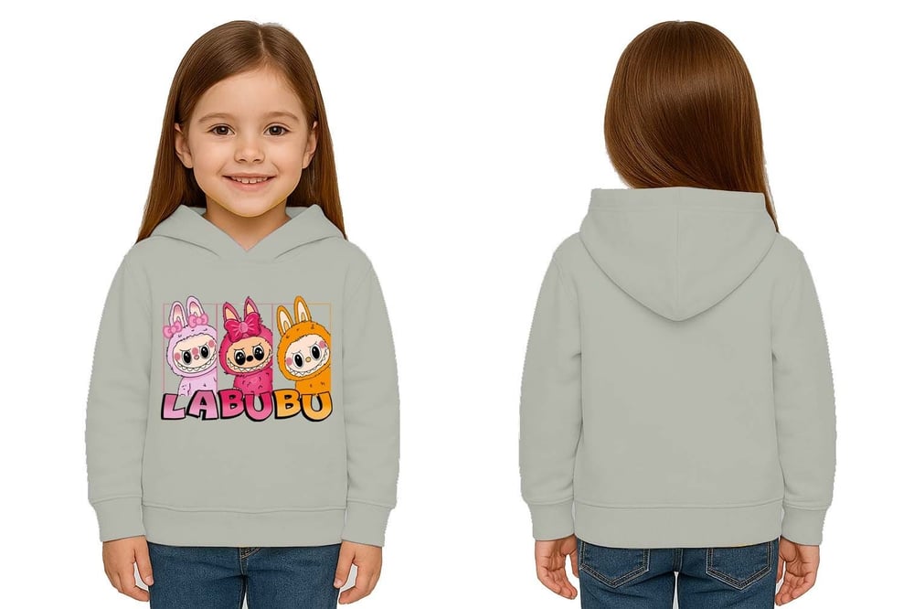 Unisex Baskılı Çocuk Swaetshirt Labubu Baskılı Kapüşonlu 3 İplik Şardonlu