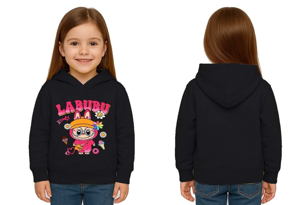 Unisex Baskılı Çocuk Swaetshirt Labubu Baskılı Kapüşonlu 3 İplik Şardonlu