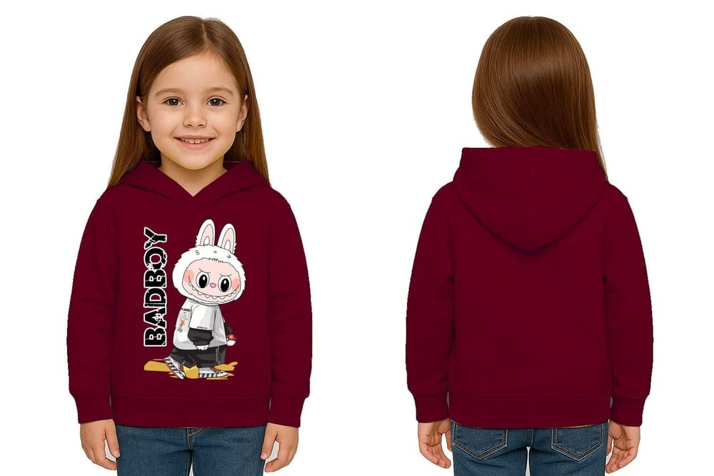Unisex Baskılı Çocuk Swaetshirt Labubu Baskılı Kapüşonlu 3 İplik Şardonlu