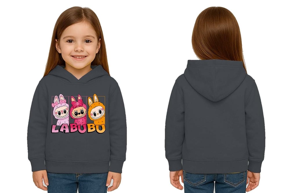 Unisex Baskılı Çocuk Swaetshirt Labubu Baskılı Kapüşonlu 3 İplik Şardonlu