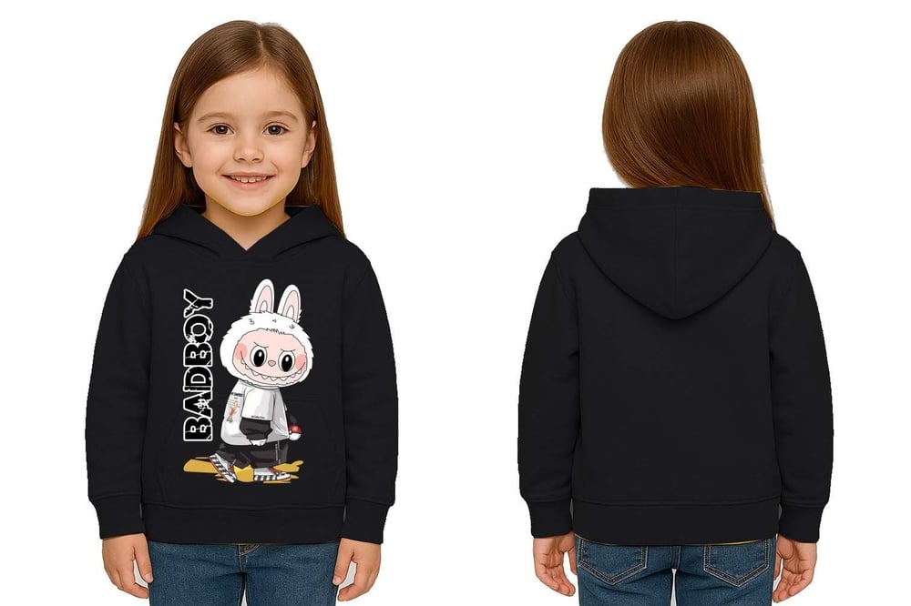 Unisex Baskılı Çocuk Swaetshirt Labubu Baskılı Kapüşonlu 3 İplik Şardonlu