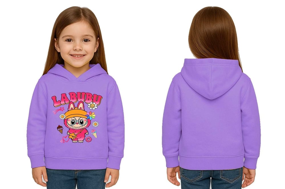 Unisex Baskılı Çocuk Swaetshirt Labubu Baskılı Kapüşonlu 3 İplik Şardonlu