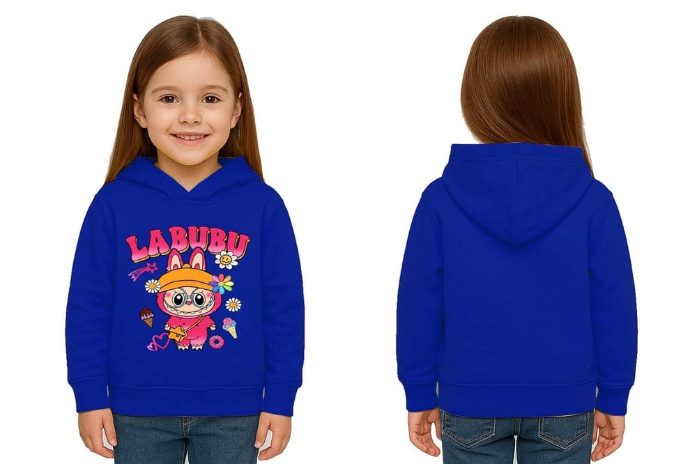 Unisex Baskılı Çocuk Swaetshirt Labubu Baskılı Kapüşonlu 3 İplik Şardonlu