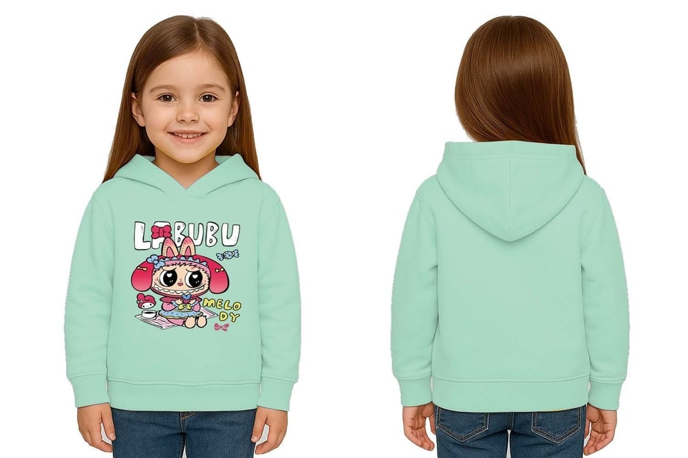 Unisex Baskılı Çocuk Swaetshirt Labubu Baskılı Kapüşonlu 3 İplik Şardonlu