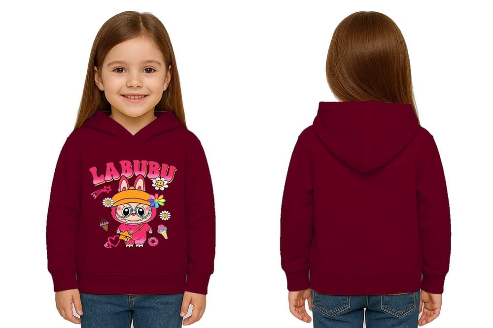 Unisex Baskılı Çocuk Swaetshirt Labubu Baskılı Kapüşonlu 3 İplik Şardonlu