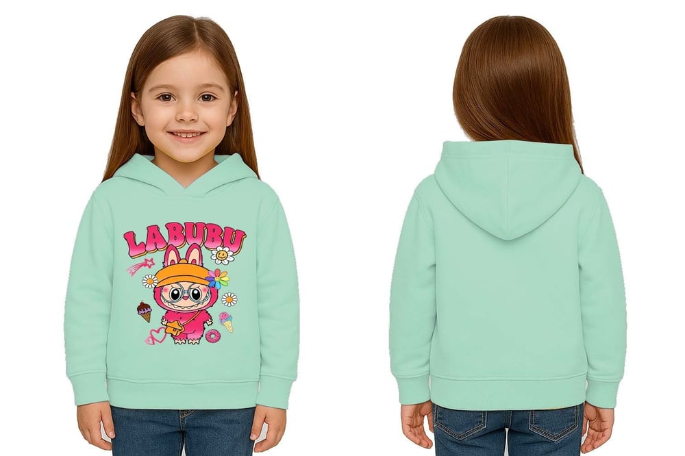 Unisex Baskılı Çocuk Swaetshirt Labubu Baskılı Kapüşonlu 3 İplik Şardonlu