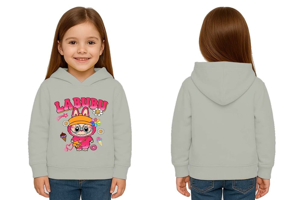 Unisex Baskılı Çocuk Swaetshirt Labubu Baskılı Kapüşonlu 3 İplik Şardonlu