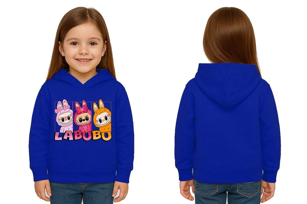 Unisex Baskılı Çocuk Swaetshirt Labubu Baskılı Kapüşonlu 3 İplik Şardonlu