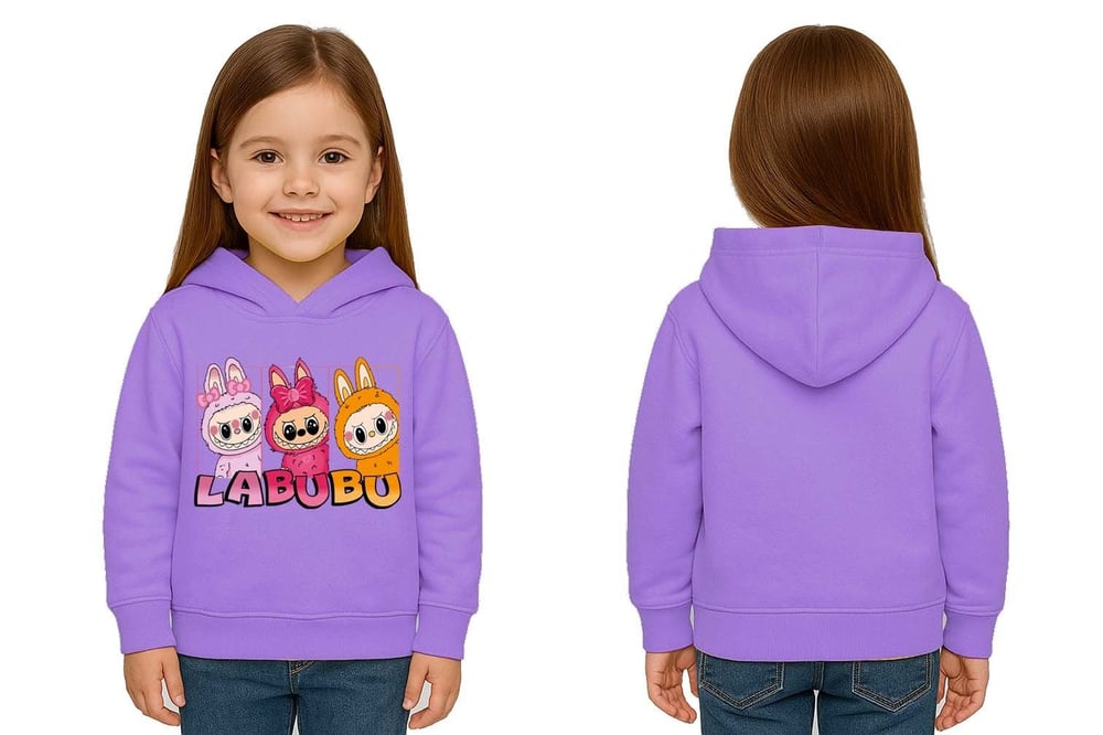 Unisex Baskılı Çocuk Swaetshirt Labubu Baskılı Kapüşonlu 3 İplik Şardonlu