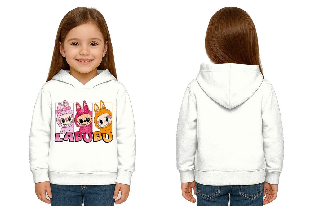 Unisex Baskılı Çocuk Swaetshirt Labubu Baskılı Kapüşonlu 3 İplik Şardonlu