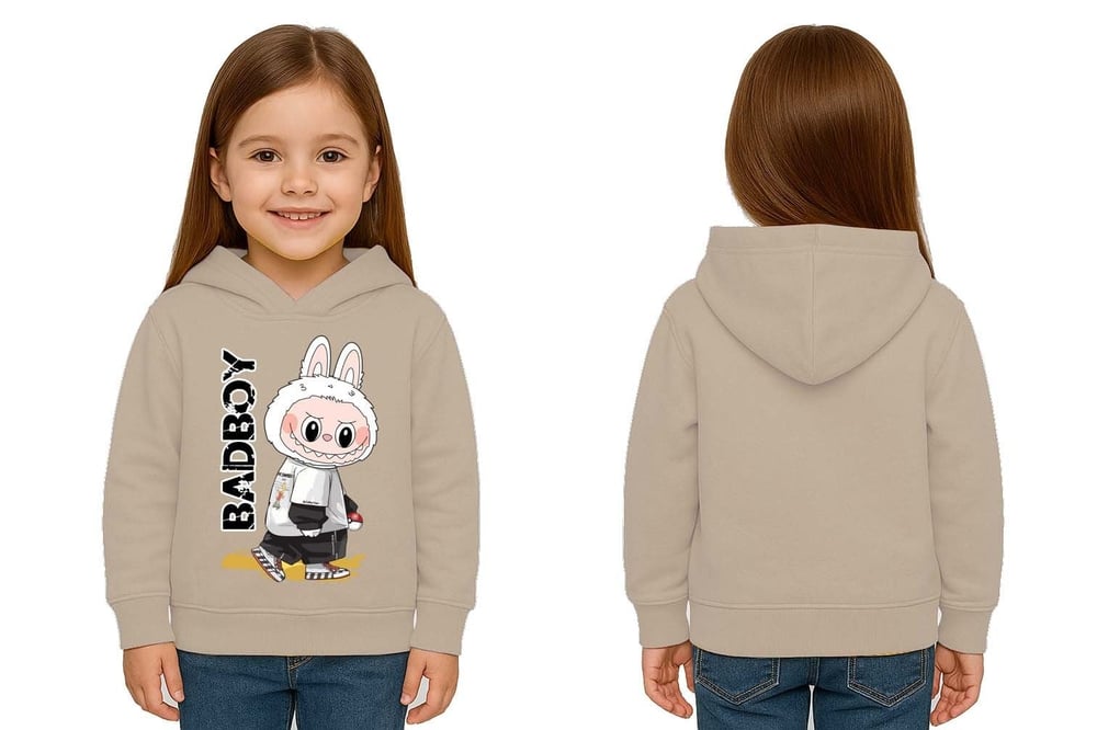 Unisex Baskılı Çocuk Swaetshirt Labubu Baskılı Kapüşonlu 3 İplik Şardonlu