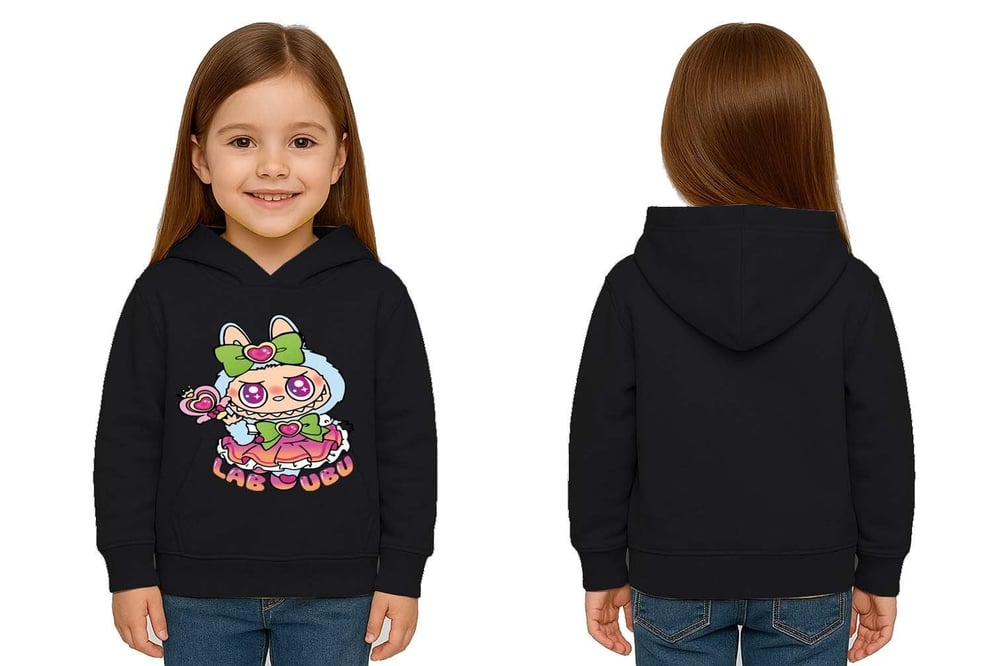 Unisex Baskılı Çocuk Swaetshirt Labubu Baskılı Kapüşonlu 3 İplik Şardonlu