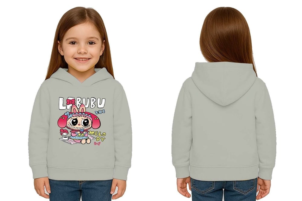 Unisex Baskılı Çocuk Swaetshirt Labubu Baskılı Kapüşonlu 3 İplik Şardonlu