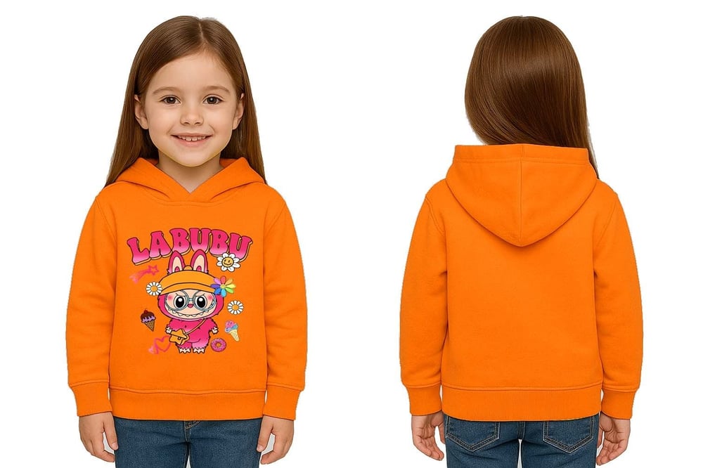 Unisex Baskılı Çocuk Swaetshirt Labubu Baskılı Kapüşonlu 3 İplik Şardonlu