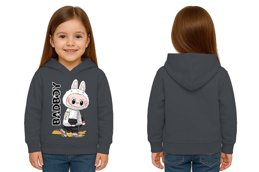 Unisex Baskılı Çocuk Swaetshirt Labubu Baskılı Kapüşonlu 3 İplik Şardonlu