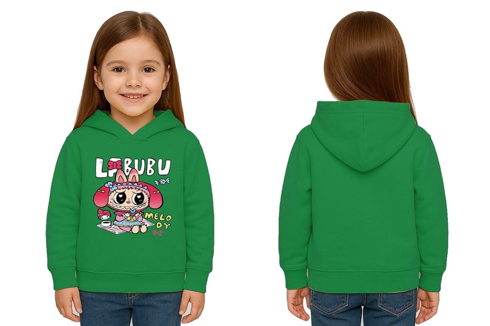 Unisex Baskılı Çocuk Swaetshirt Labubu Baskılı Kapüşonlu 3 İplik Şardonlu