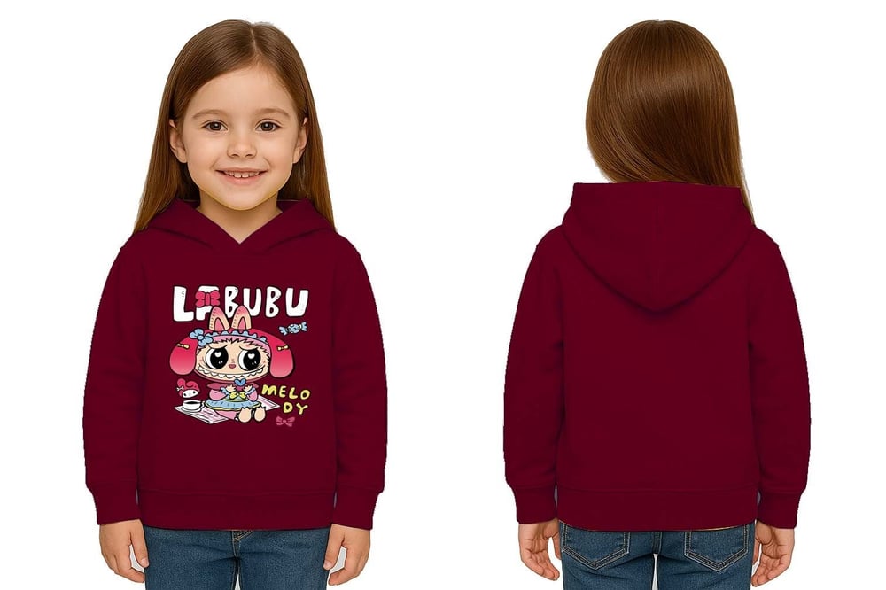Unisex Baskılı Çocuk Swaetshirt Labubu Baskılı Kapüşonlu 3 İplik Şardonlu