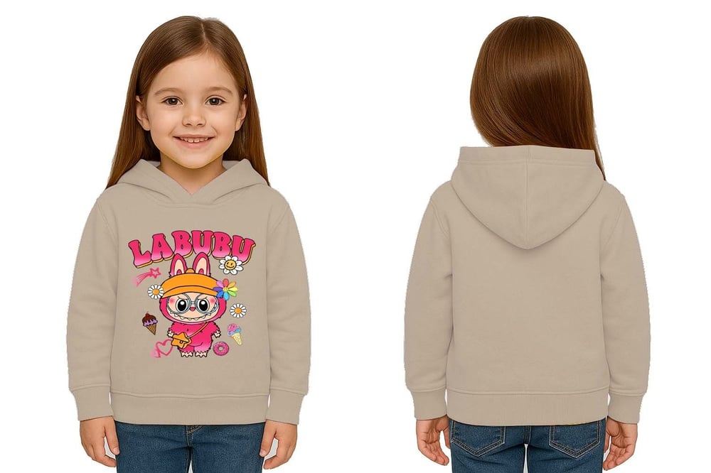 Unisex Baskılı Çocuk Swaetshirt Labubu Baskılı Kapüşonlu 3 İplik Şardonlu