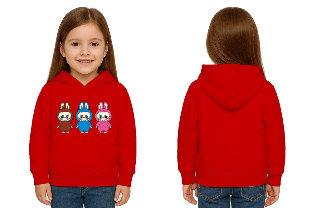 Unisex Baskılı Çocuk Swaetshirt Labubu Baskılı Kapüşonlu 3 İplik Şardonlu