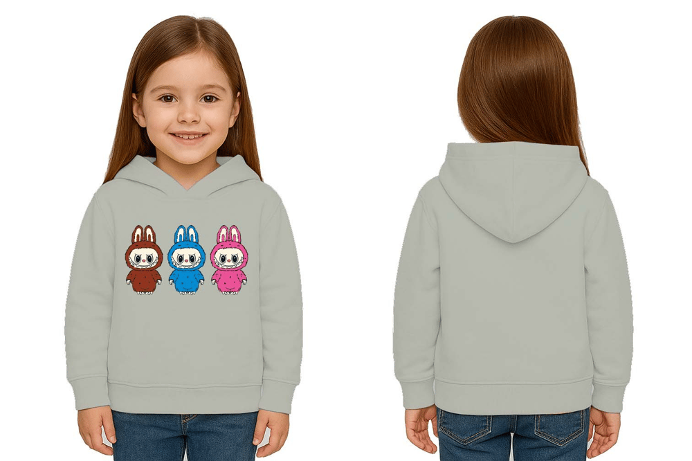 Unisex Baskılı Çocuk Swaetshirt Labubu Baskılı Kapüşonlu 3 İplik Şardonlu