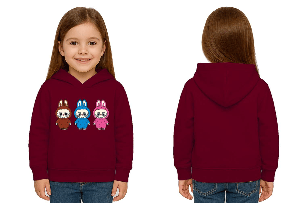 Unisex Baskılı Çocuk Swaetshirt Labubu Baskılı Kapüşonlu 3 İplik Şardonlu