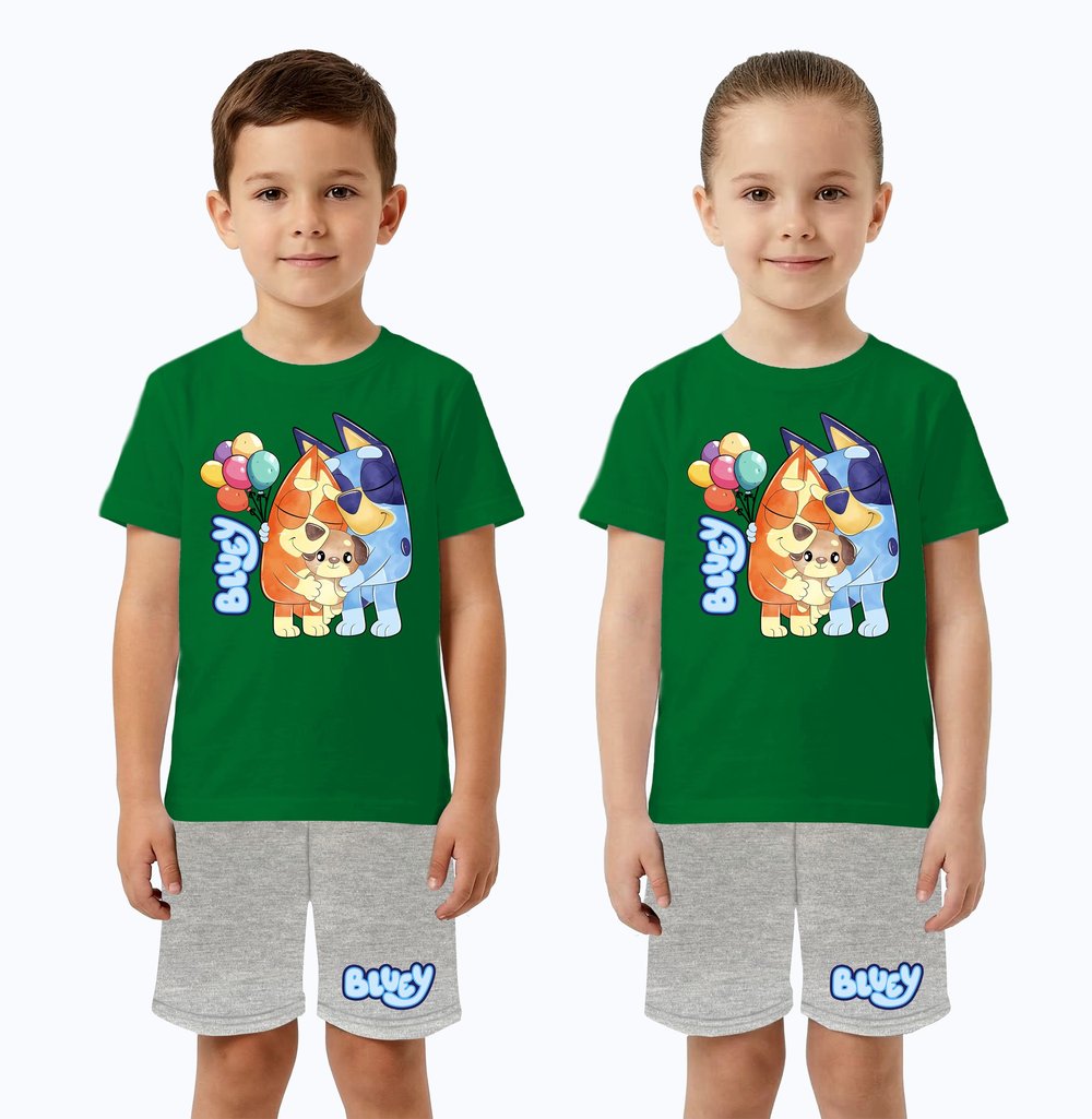 Unisex Bluey baskılı Çocuk Tişört Gri Şortlu Takım pamuklu penye kumaş