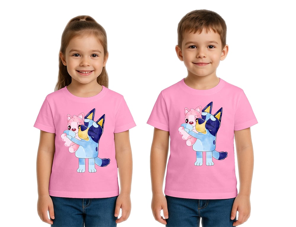 Unisex Bluey baskılı Çocuk Tişört pamuklu penye kumaş
