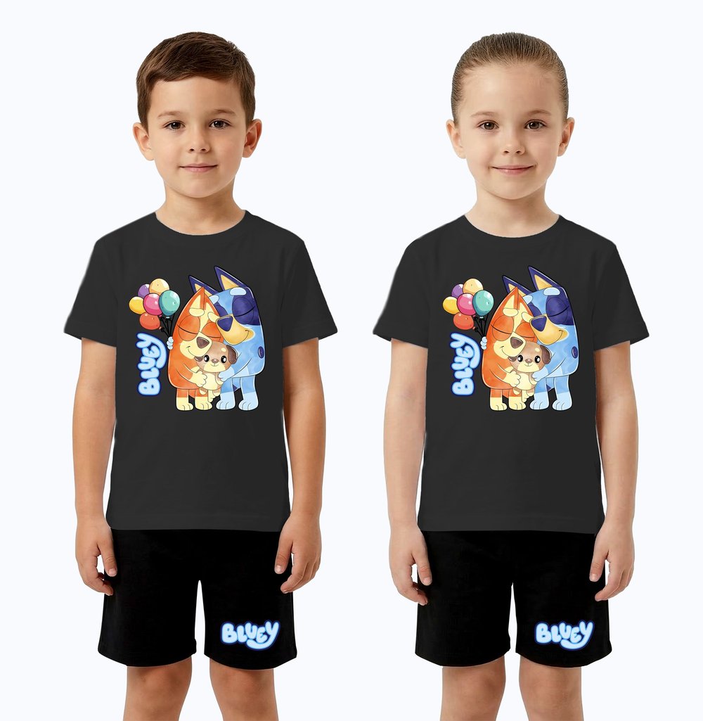 Unisex Bluey baskılı Çocuk Tişört Siyah Şortlu Takım pamuklu penye kumaş