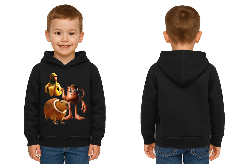 Unisex Brainrot Baskılı Çocuk Swaetshirt Kapüşonlu 3 İplik Şardonlu