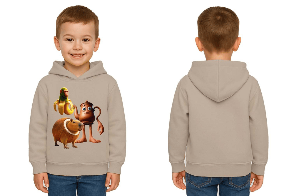 Unisex Brainrot Baskılı Çocuk Swaetshirt Kapüşonlu 3 İplik Şardonlu