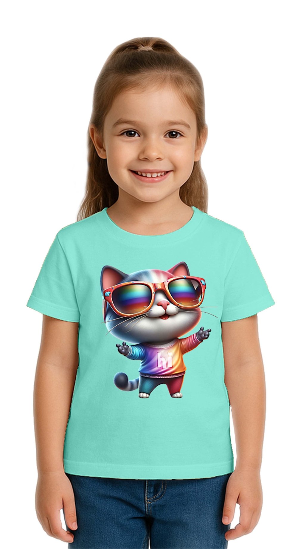Unisex Cat Baskılı Çocuk Tişört pamuklu penye kumaş