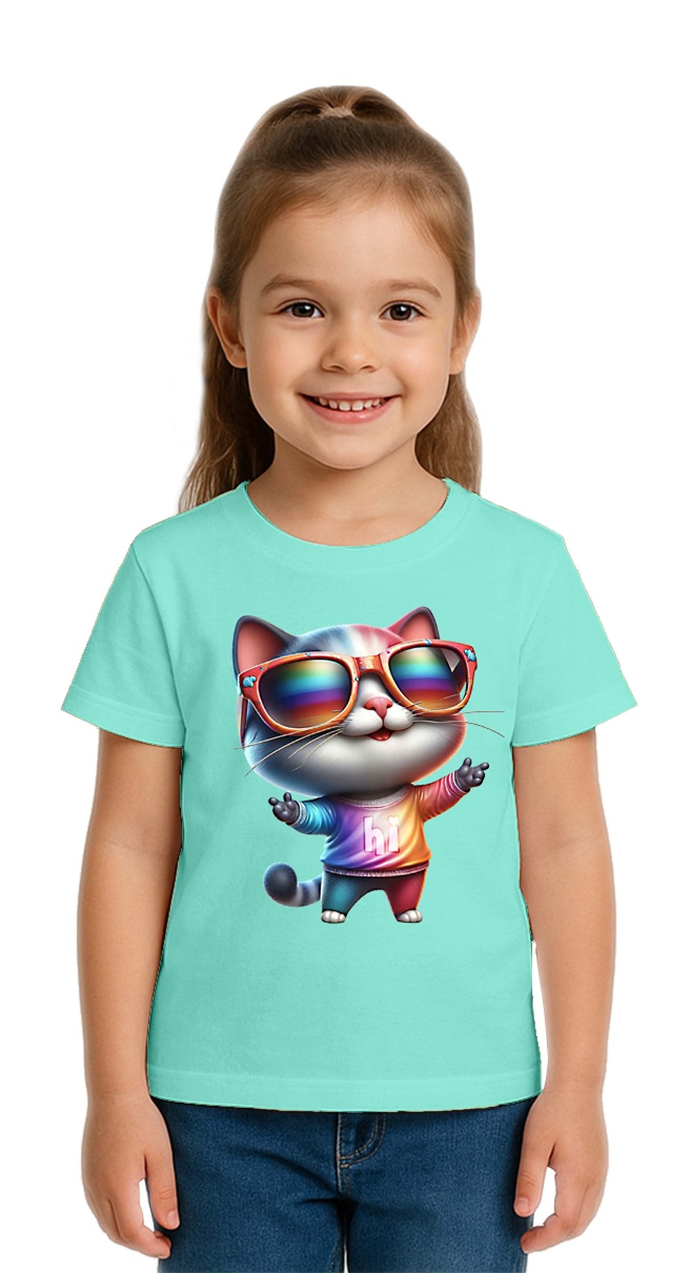 Unisex Cat Baskılı Çocuk Tişört pamuklu penye kumaş