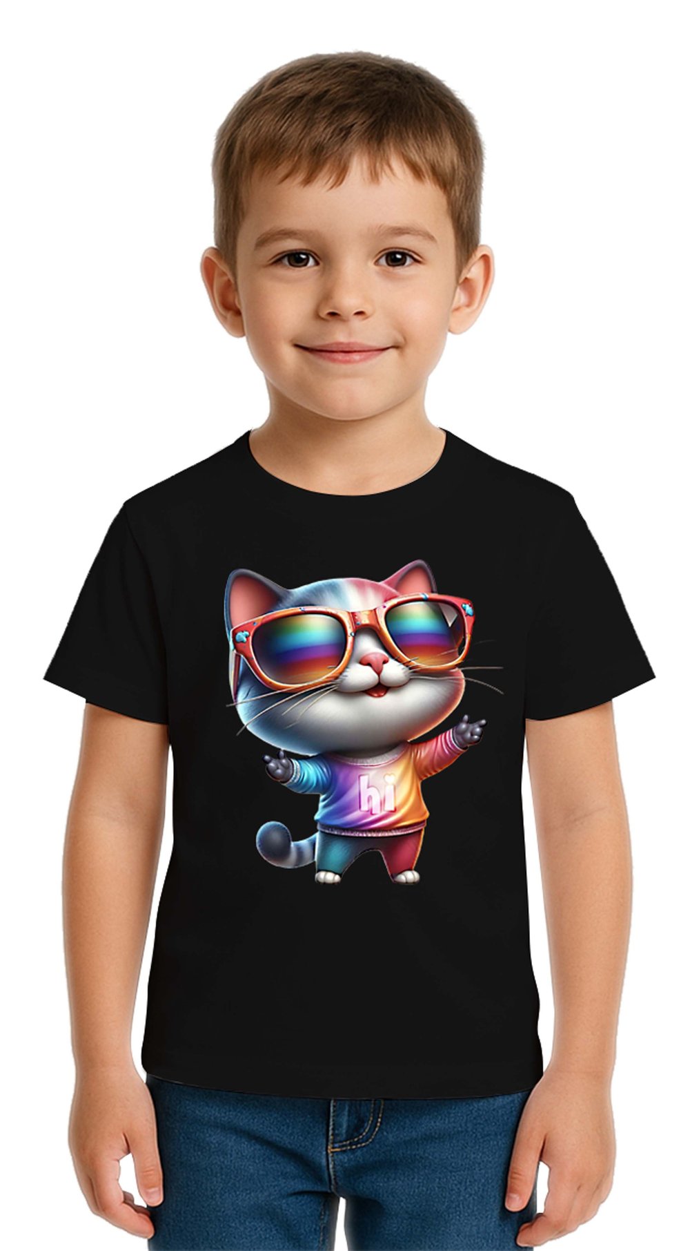 Unisex Cat Baskılı Çocuk Tişört pamuklu penye kumaş