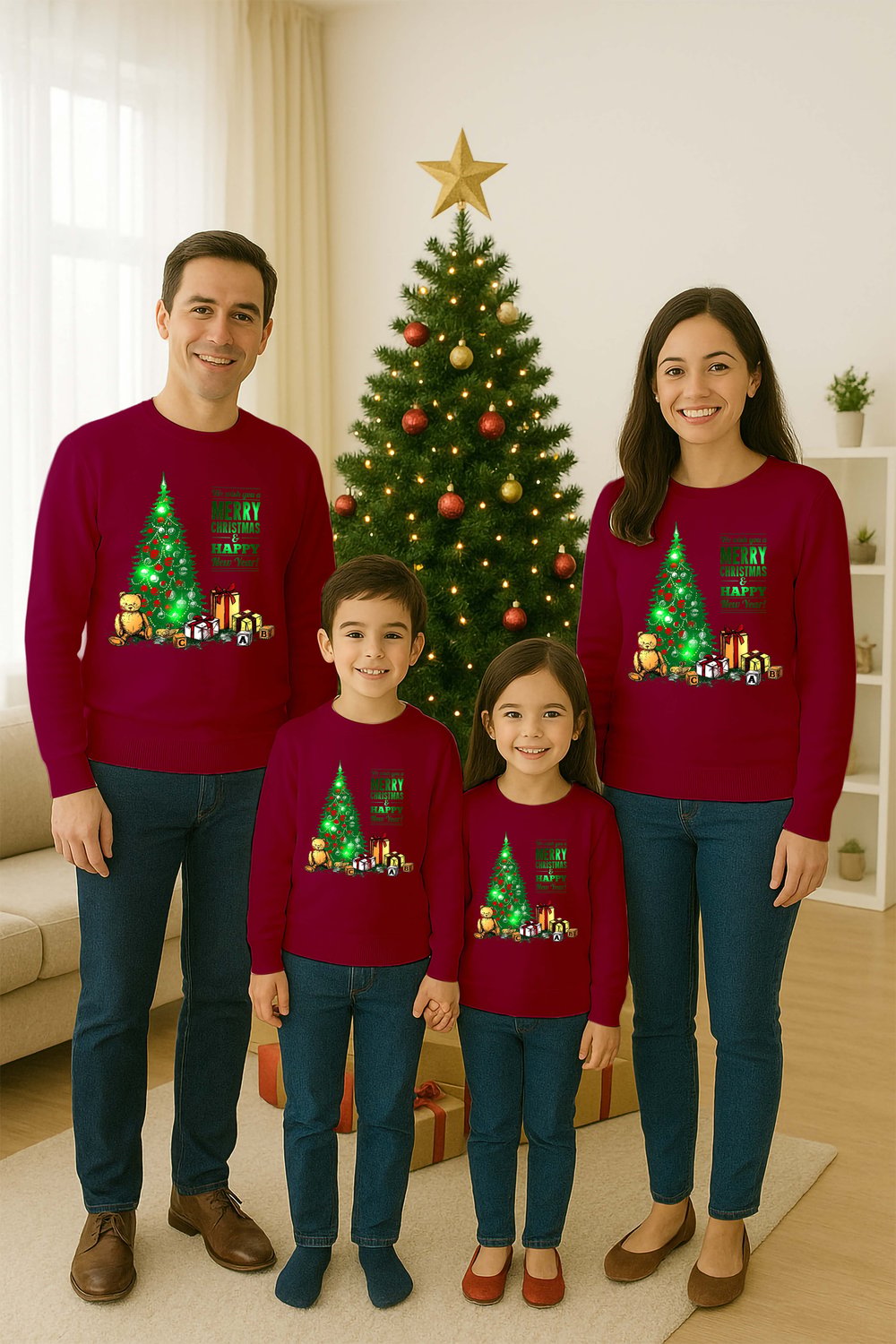 Unisex Happy New Year Yılbaşı Baskılı Yetişkin ve Çocuk Sweatshirt 3 İplik Şardonlu Kumaş