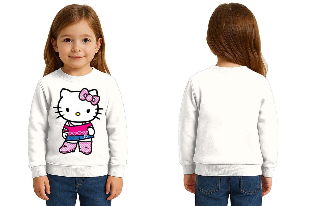Unisex Hello Kity Baskılı Çocuk Swaetshirt 3 İplik Şardonlu