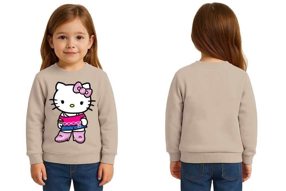 Unisex Hello Kity Baskılı Çocuk Swaetshirt 3 İplik Şardonlu