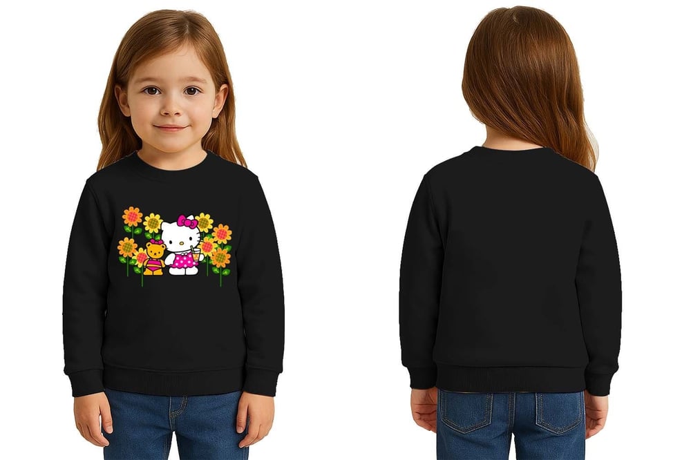 Unisex Hello Kity Baskılı Çocuk Swaetshirt 3 İplik Şardonlu